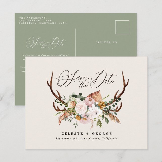 Postal De Anuncios ciervo botánico rústico boda elegante verde salvia (Anverso / Reverso)