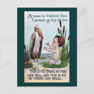 Postal De Anuncios Cigüeña vintage con Recién nacido en estanque