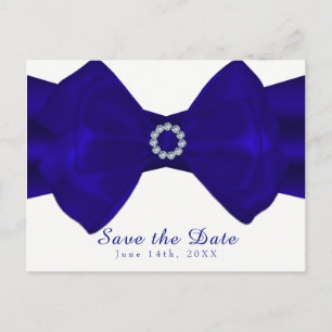 Postal De Anuncios Cinta Azul Real y Diamantes Elegante Save the Date