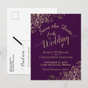 Postal De Anuncios Circulars de boda con caligrafía chic de ciruela y