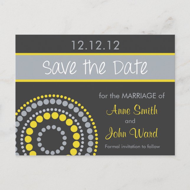 Postal De Anuncios Círculos Modernos Save the Date - Amarillo y Gris (Anverso)