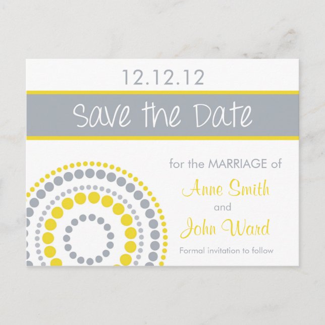 Postal De Anuncios Círculos Modernos Save the Date - Amarillo y Gris (Anverso)