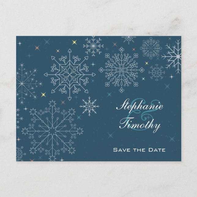 Postal De Anuncios Cita de boda de invierno con copos de nieve azul m (Anverso)