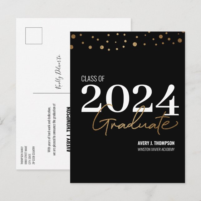 Postal De Anuncios Clase de Graduado de Oro Negro de 2024 (Anverso / Reverso)