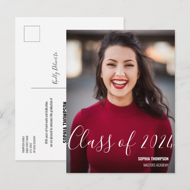 Postal De Anuncios Clase personalizada de 2024 Foto de graduado (Anverso / Reverso)