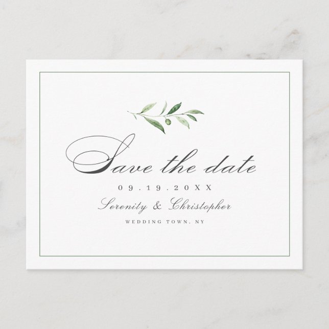 Postal De Anuncios Clásica Elegancia Script Greenery guardar la fecha (Anverso)