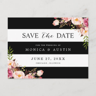 Postal De Anuncios Clásico Negro Blanco Rayas Floral Save the Date