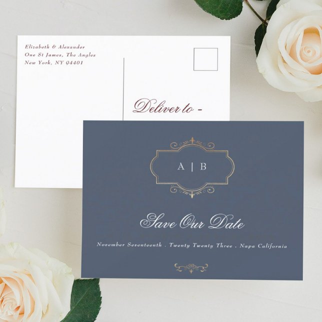 Postal De Anuncios classic gold crest Nave Blue Foil Save The Date (Subido por el creador)