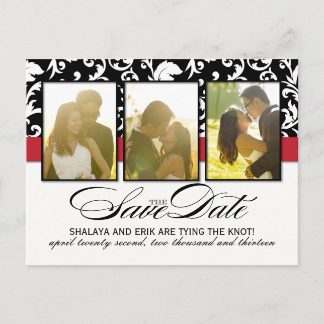 Postal De Anuncios Classy Black and White Damask Save the Date (Anverso)