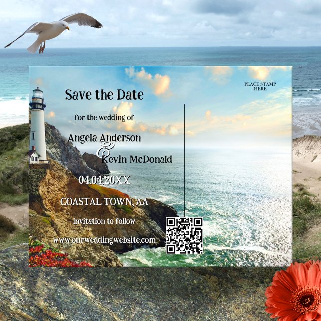 Postal De Anuncios Coastal Lighthouse Nautical Save the Date (Save the Date postcard featuring a painting of a coast with a lighthouse in vibrant colors)