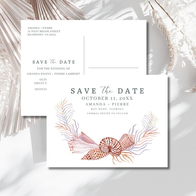 Postal De Anuncios Coastal Seashell Beach Wedding Save the Date (Coastal Seashell Beach Wedding Save the Date Announcement Postcard)