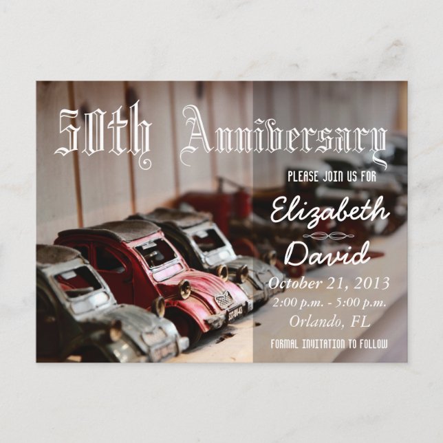 Postal De Anuncios Coches Rojos Antiguos 50 Aniversario (Anverso)
