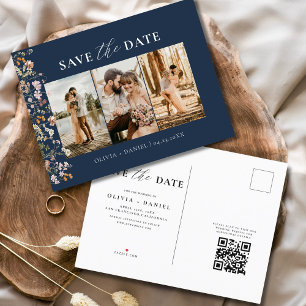 Postal De Anuncios Código QR Azul Marino Flor Silvestre Floral Boda