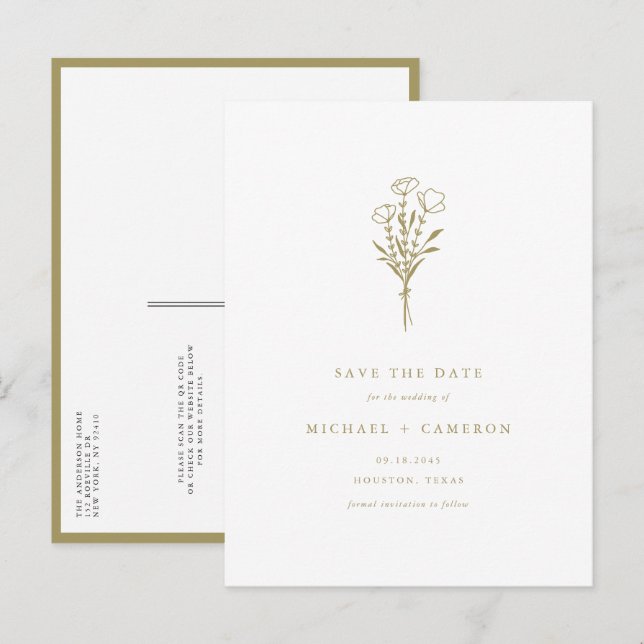 Postal De Anuncios Código QR botánico Gold Boho Guardar fecha (Anverso / Reverso)