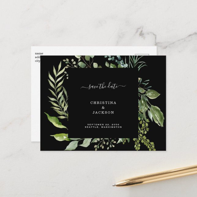 Postal De Anuncios Código QR de boda de eucalipto negro Save the Date (Anverso/Reverso In Situ)