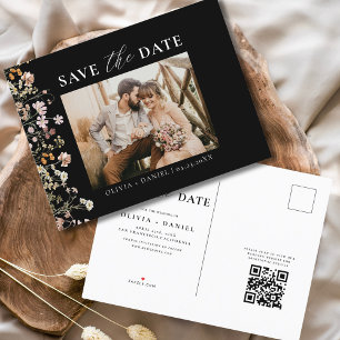 Postal De Anuncios Código QR Negro Flor Silvestre Floral Boda