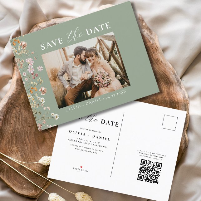 Postal De Anuncios Código QR verde sabio Boda floral silvestre (Subido por el creador)