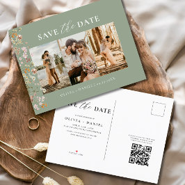 Postal De Anuncios Código QR verde sabio Boda floral silvestre