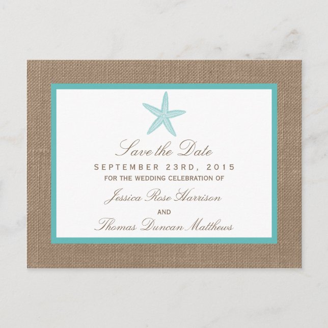 Postal De Anuncios Colección Turquoise Starfish Burlap Beach Wedding (Anverso)