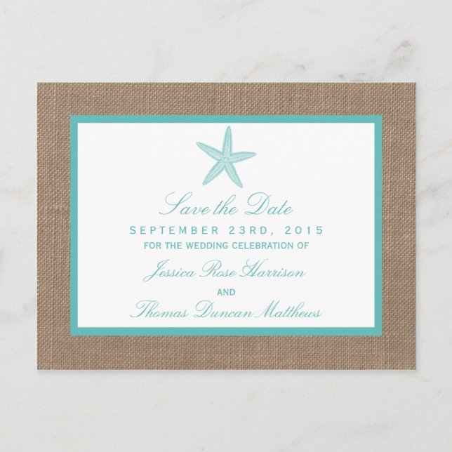 Postal De Anuncios Colección Turquoise Starfish Burlap Beach Wedding (Anverso)