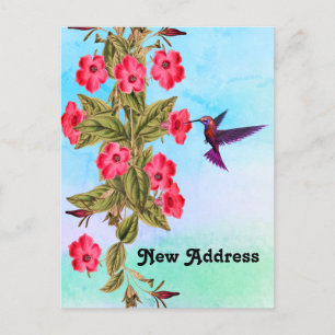 Postal De Anuncios Colibrí Flores Rojas Fondo Tonos Azules