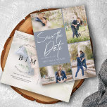 Postal De Anuncios Collage Azul Dusty Leído A Mano Ahorra La Fecha<br><div class="desc">Toma tus 5 mejores imágenes de tu sesión de fotos de compromiso con 4 para el frente y una para el reverso. Presenta un diseño con letras a mano que dice Guardar la fecha.</div>