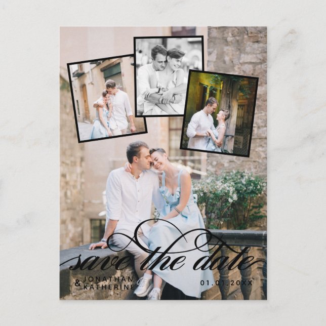 Postal De Anuncios Collage de fotos de boda romántica con guion negro (Anverso)