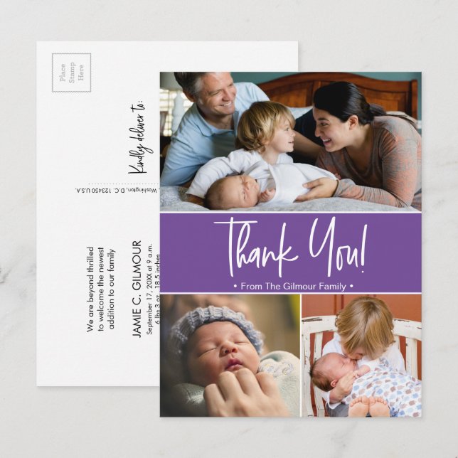 Postal De Anuncios Collage de fotos de nacimiento de niños en púrpura (Anverso / Reverso)