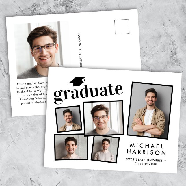 Postal De Anuncios Collage de Fotos Moderno de Graduación (Cherish the milestone: share your graduate's achievement with a custom photo graduation announcement)