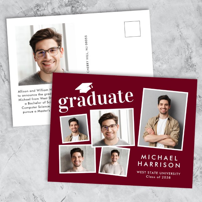 Postal De Anuncios Collage de fotos moderno Graduación rojo borgoña (Cherish the milestone: share your graduate's achievement with a custom photo graduation announcement)
