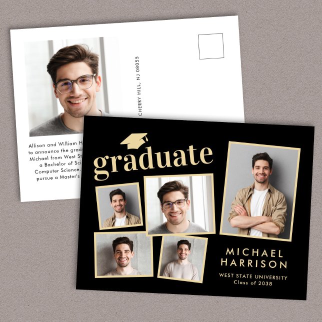 Postal De Anuncios Collage de Fotos Moderno Negro Oro Graduación (Cherish the milestone: share your graduate's achievement with a custom photo graduation announcement)