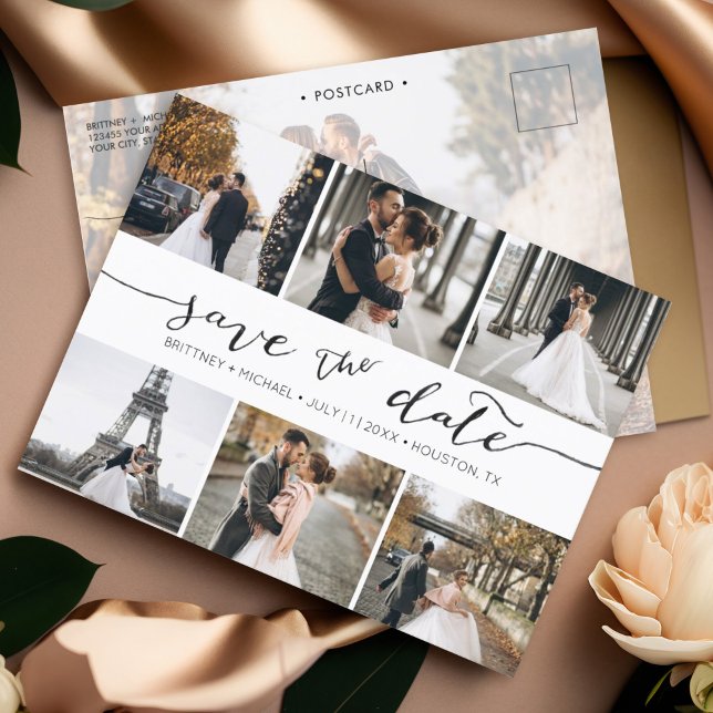 Postal De Anuncios Collage de Fotos Moderno Save the Date  (Save the Date hand lettered minimalistic photo collage postcard with photo on the back.)