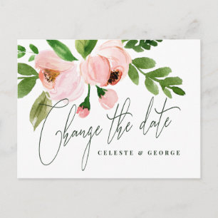 Postal De Anuncios Color de agua rosa floral cambiar la fecha boda