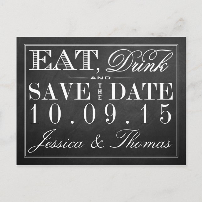 Postal De Anuncios Comer, beber y casarse Boda de Chalkboard (Anverso)