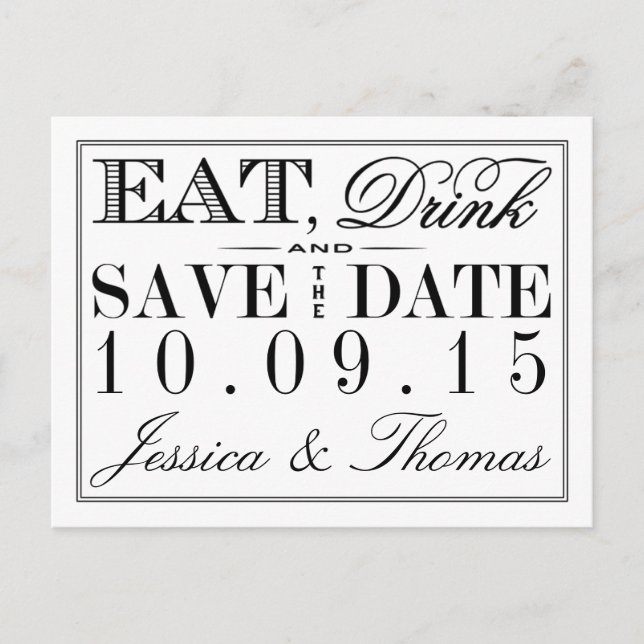 Postal De Anuncios Comer, beber y casarse Boda negro/blanco moderno (Anverso)