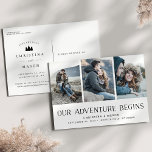 Postal De Anuncios Comienza nuestra aventura | Tres fotos Guardar la<br><div class="desc">Un rústico salva la postal de la foto de la fecha para la pareja de fuera y aventurera, diseñada para alojar tres de tus fotos favoritas de compromiso alineadas lado a lado. "Comienza nuestra aventura" aparece en negro a lo largo de la parte inferior, con sus nombres, fecha boda y...</div>
