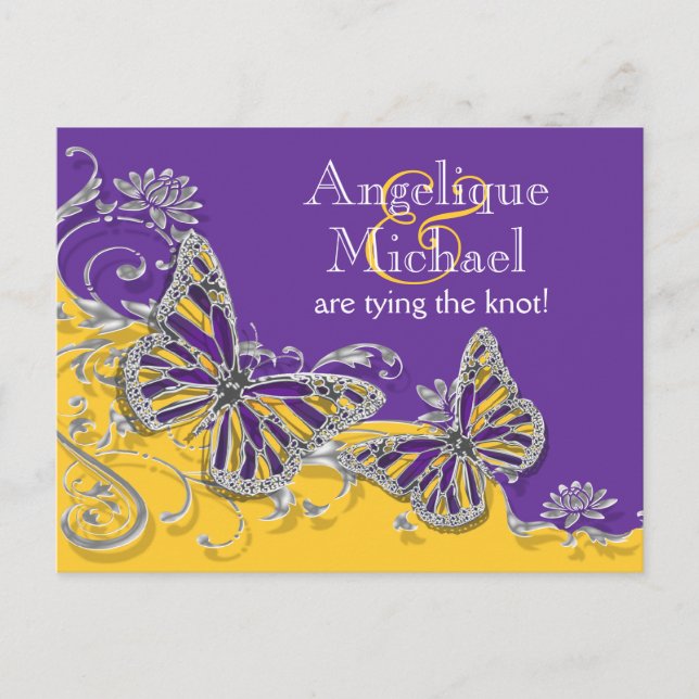Postal De Anuncios Compromiso del boda de la mariposa amarilla púrpur (Anverso)