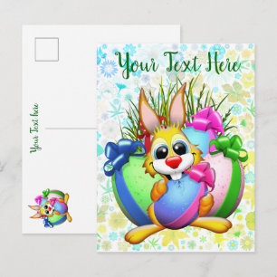 Postal De Anuncios Conejo divertido mordiendo un huevo de Pascua