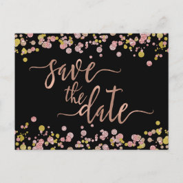 Postal De Anuncios Confeti Brillo Rosa Dorado Boda Guardar la Fecha