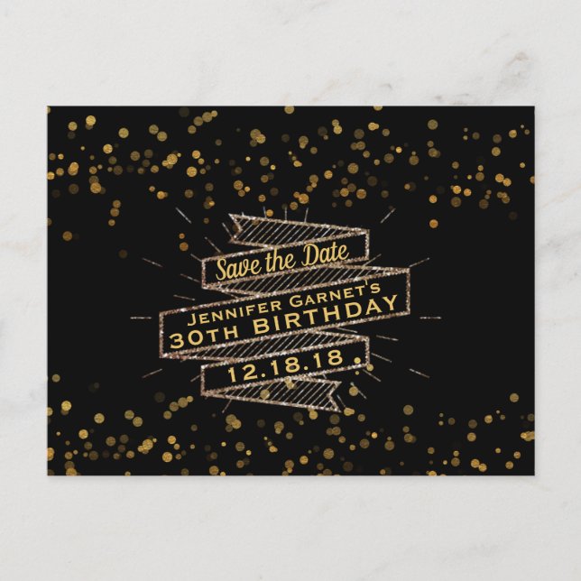 Postal De Anuncios Confeti de Oro Negro Cumpleaños Guardar la Fecha (Anverso)