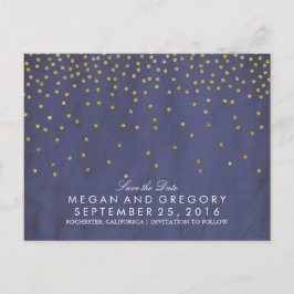 Postal De Anuncios confeti dorado vintage azul marino salvar la fecha