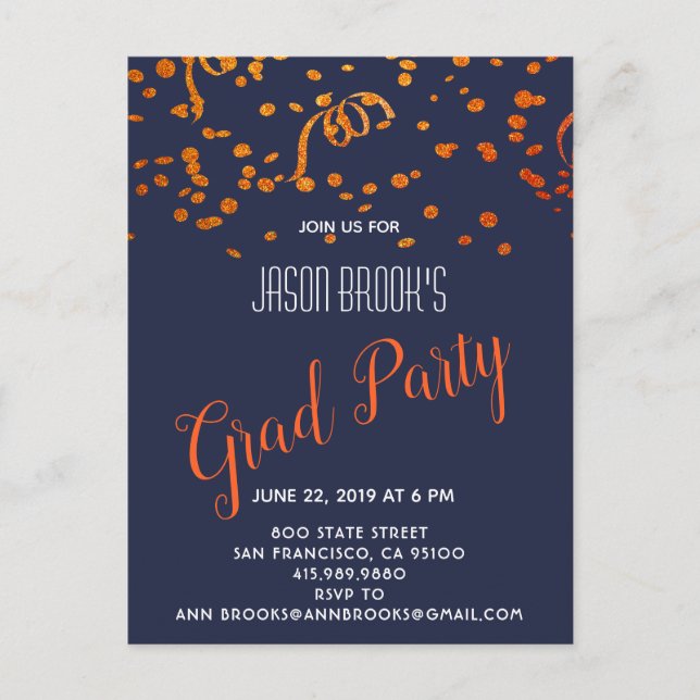 Postal De Anuncios Confeti Naranja Y Dorado Sobre Negro (Anverso)