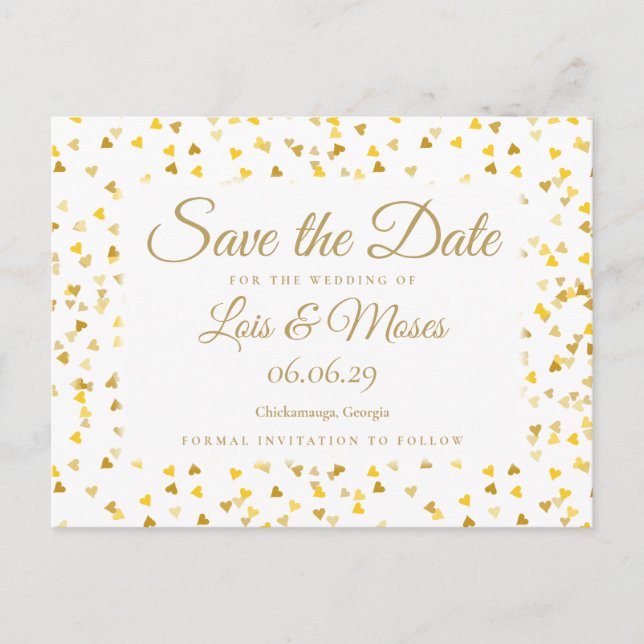 Postal De Anuncios Confetti Gold Hearts Save the Date (Anverso)