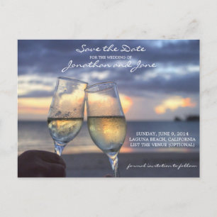 Postal De Anuncios Copo de Champagne para Boda en la Playa y Océano S