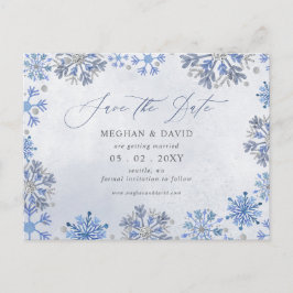 Postal De Anuncios Copos de nieve Azul plateado Navidad Invierno Boda
