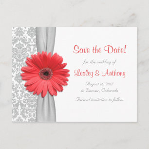 Postal De Anuncios Coral Daisy Gray Damask Wedding Save the Date