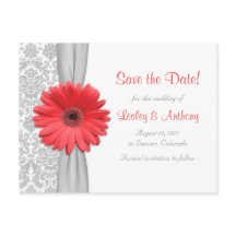 Coral Daisy Gray Damask Wedding Save the Date