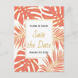 Postal De Anuncios Coral, oro hojas tropicales boda Save the Date