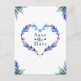 Postal De Anuncios Corazón Azul Brillante Floral Acuarela Guardar la
