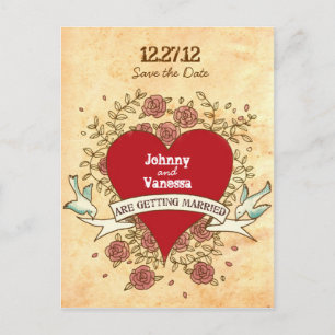 Postal De Anuncios Corazón bohemio, rosas, pájaros y boda con bandera